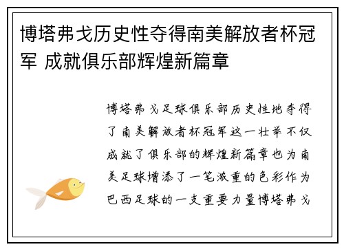 博塔弗戈历史性夺得南美解放者杯冠军 成就俱乐部辉煌新篇章
